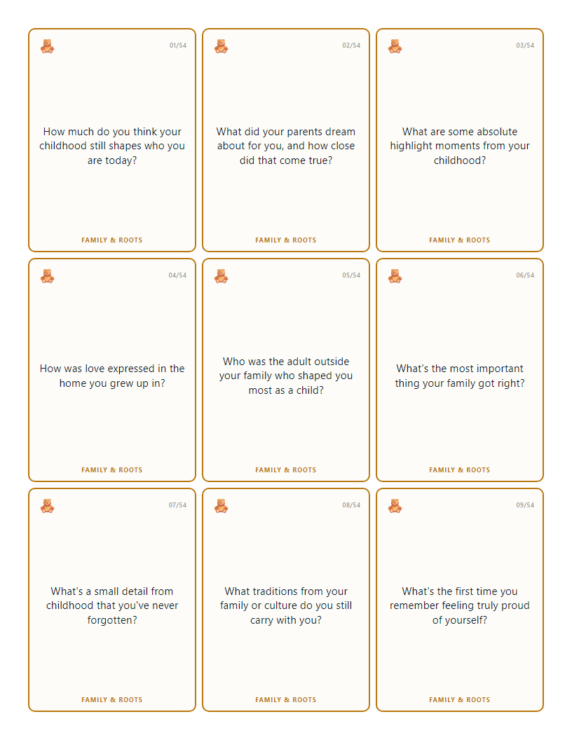 A printable page of nine cut-out cards